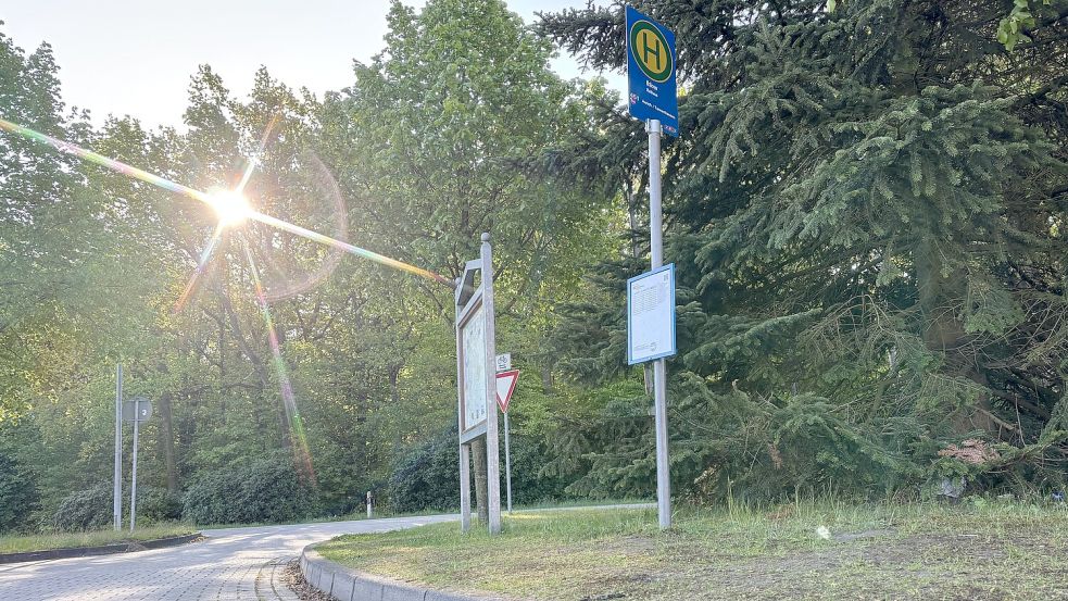 Die Haltestelle „Ihlow Rathaus“ liegt direkt an der Ausfahrt von zwei Parkplätzen und ist nur provisorisch angelegt. Foto: Christin Wetzel