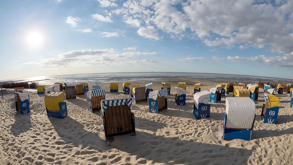In Cuxhaven stehen die Strandkörbe für Besucher bei sommerlichen Temperaturen bereit. Foto: dpa/Mohssen Assanimoghaddam
