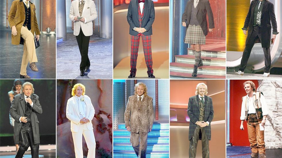 Die Bildkombo zeigt Moderator Thomas Gottschalk in verschiedenen Outfits beim Auftritt in der ZDF-Show „Wetten, dass..?“ (Archivfotos). Foto: dpa