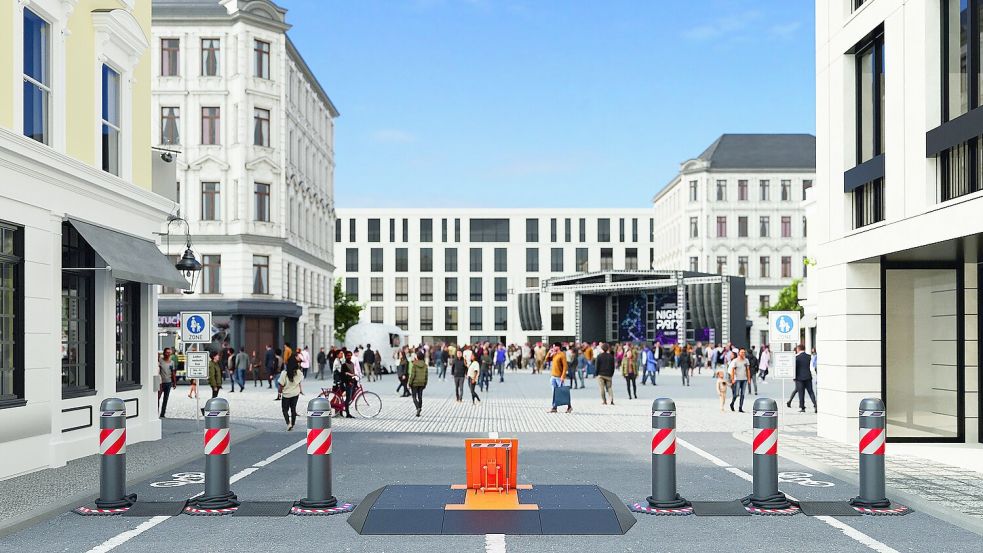 So können mit einer Kombination aus einer Durchfahrtsbrücke und Pollern auch breitere Straßen abgesperrt werden. Grafik: Hörmann