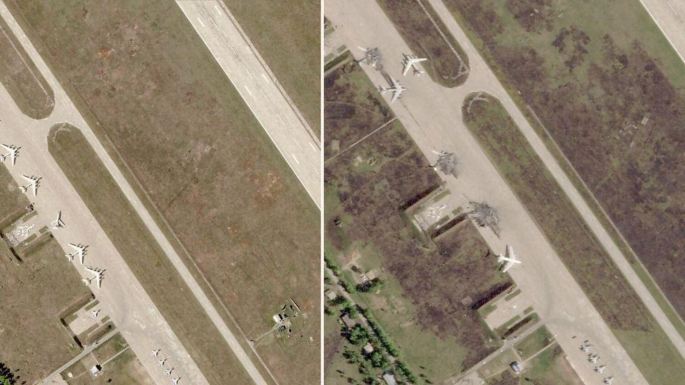 Russlands Flotte strategischer Kampfbomber wurde durch einen ukrainischen Drohnenangriff empfindlich getroffen - und Moskau kündigte Vergeltung an. (Archivbild) Foto: Planet Labs PBC/Planet Labs PBC/AP/dpa