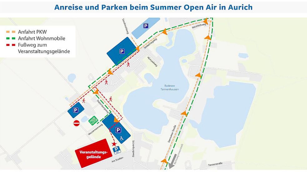 Neues Konzept für die An- und Abreise sowie für das Parken während der Open-Air-Konzerte: Für das Verkehrskonzept und die Bewirtschaftung der Parkflächen zeichnet die Stadt Aurich verantwortlich. Grafik Stadt Aurich
