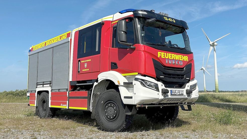Das neue Löschfahrzeug 20 der Feuerwehr Brookmerland (hier im Windpark in Osteel) ist geländefähig. Fotos: Feuerwehr/Carsten Redenius