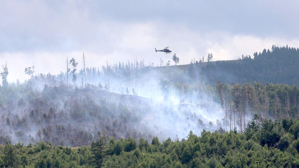 Rauchwolken bei Goslar: Hier wütet seit Sonntag ein Waldbrand. Foto: Matthias Bein/dpa