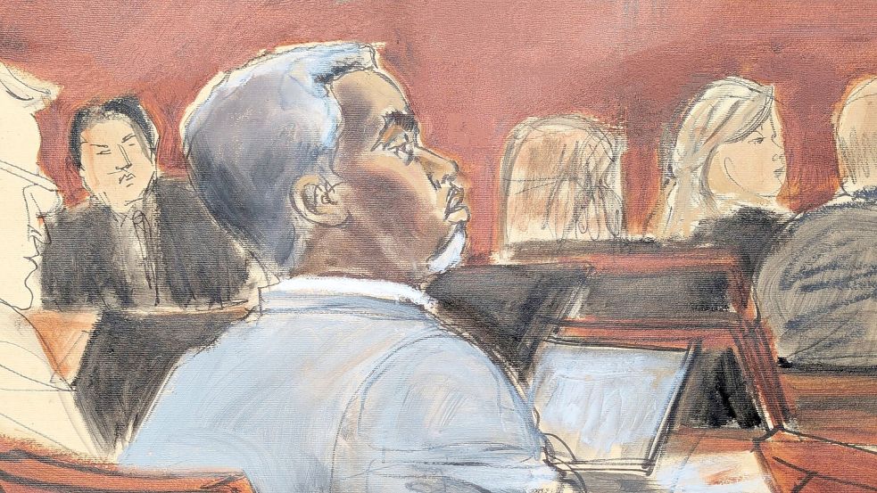 So sieht eine Gerichtszeichnung den angeklagten Sean „Diddy“ Combs. (Archivbild) Foto: Elizabeth Williams/AP/dpa