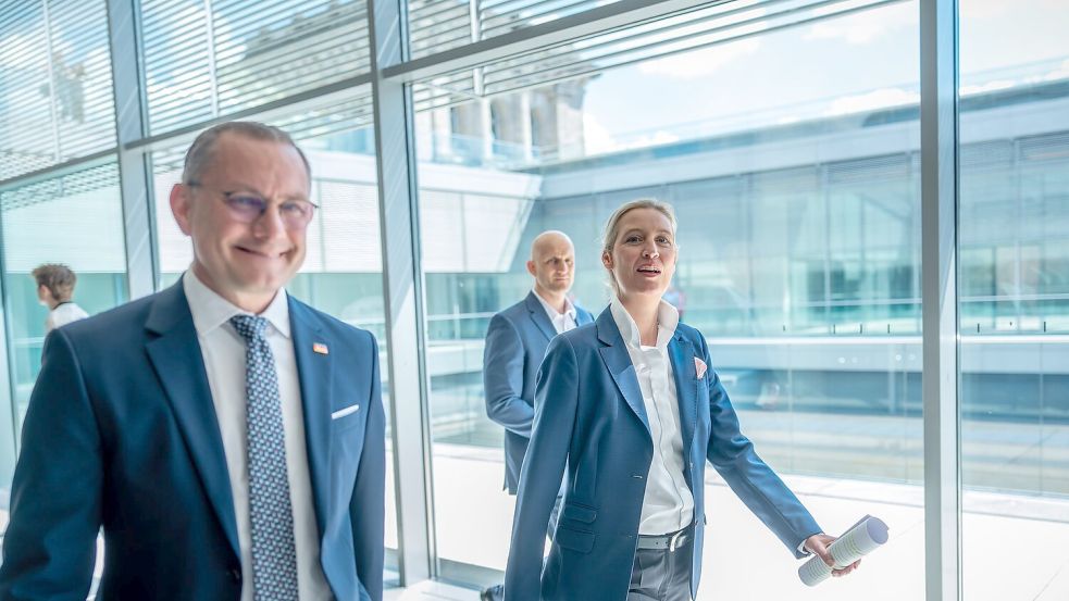 Die AfD-Chefs Tino Chrupalla (l.) und Alice Weidel können sich über einen spürbaren Anstieg ihrer Monatseinkünfte freuen. (Archivbild) Foto: Michael Kappeler/dpa