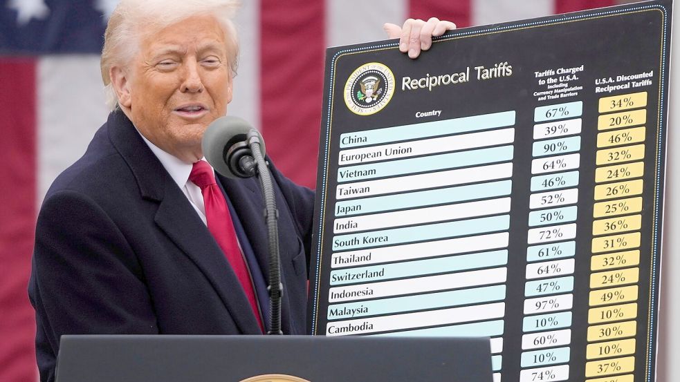 US-Präsident Trump schiebt die Frist für seine Zölle auf - die Unsicherheit aber belastet deutsche Firmen. (Archivbild) Foto: Mark Schiefelbein/AP/dpa