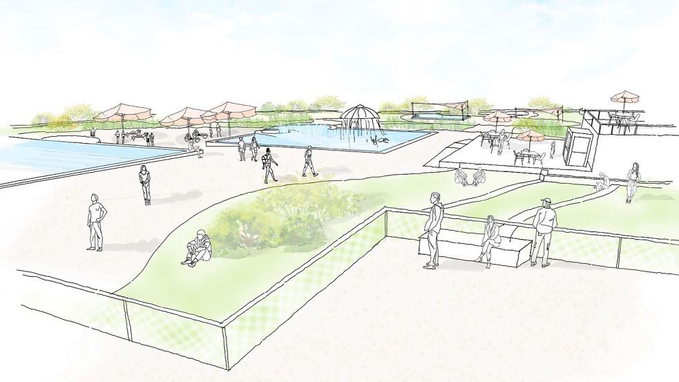 Diese Pläne des neuen Norddeicher Freibades wurden 2022 im Norder Stadtrat präsentiert. Grafik: Archiv/Stadt Norden