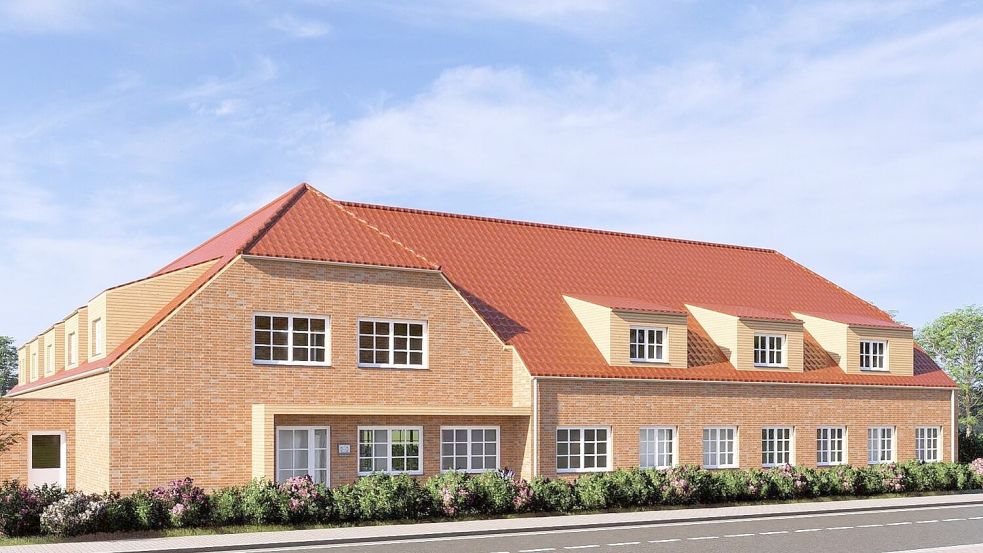 Das neue Gebäude, das in den kommenden Monaten an der Auricher Straße entsteht, passt sich gut ins Ortsbild von Westerende-Kirchloog ein. Grafik: Haus & Projekt