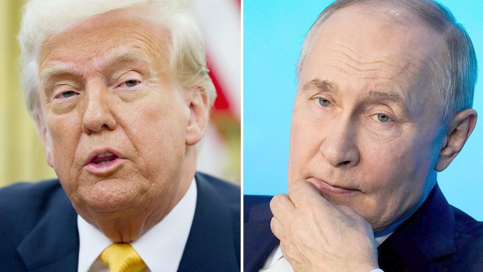 Einer redet, der andere blickt skeptisch: Der Kreml hält nichts von Trumps Versuch, Frieden durch Druck auf Moskau zu erzwingen. (Archivbild) Foto: Pavel Bednyakov/AP/Pool via AP/dpa