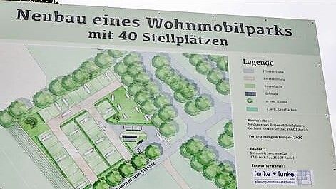 Das Bauschild wurde am 23. Juli 2025 aufgestellt und zeigt die künftige Anlage mit 33 Stellplätzen für Wohnmobile, den sanitären Anlagen an der Zufahrt und der Camperwiese mit Platz für sieben weitere Stellplätze. Foto: Romuald Banik