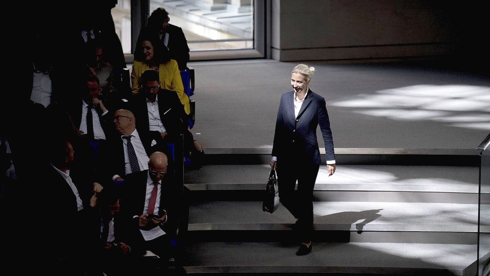 AfD-Chefin Alice Weidel im Bundestag: Ein Verbotsverfahren wird in der Fraktion für möglich gehalten. Foto: IMAGO / IPON