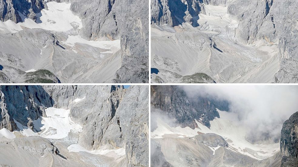 Der Höllentalferner in den Jahren 2021 bis 2024 (von links nach rechts in zwei Zeilen). Foto: Angelika Warmuth/Matthias Balk/dpa