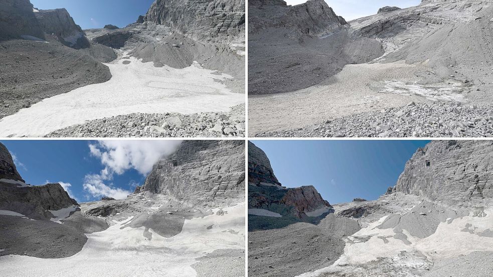Der Watzmanngletscher in den Jahren 2021 bis 2024 (von links nach rechts in zwei Zeilen). Foto: Angelika Warmuth/dpa