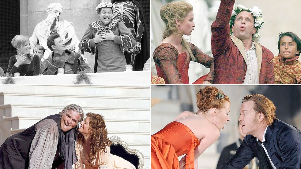 Die Bildkombo zeigt Probenfotos der Salzburger Festspiele von verschiedenen Schauspielern in der Rolle des Jedermann - von oben links nach rechts: 1963 Walter Reyer, 1999 Ulrich Tukur (mit Dörte Lyssewski); unten links nach rechts: 2007 Peter Simonischek (mit Marie Bäumer), 2011 Nicholas Ofczarek (mit Birgit Minichmayr). Foto: picture alliance / dpa