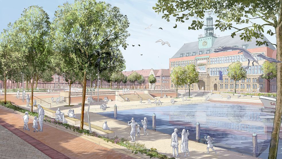 Flanieren am Delft: Nur noch Bäume und Staudenbeete sollen Straße und Wasserzugang begrenzen.