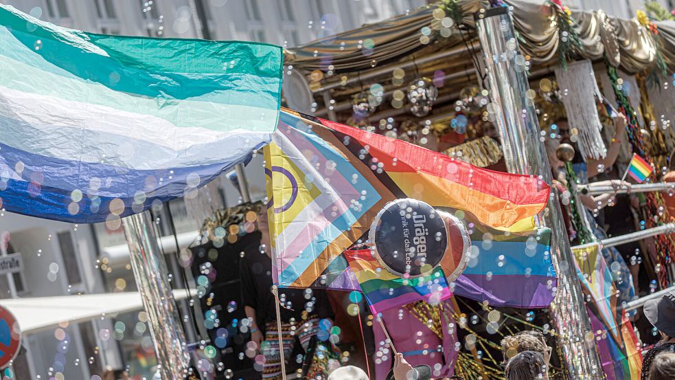 Die Flagge der Schwulen ist links zu sehen, rechts ist die „Progress Pride Flag“ im Bild. Foto: DPA