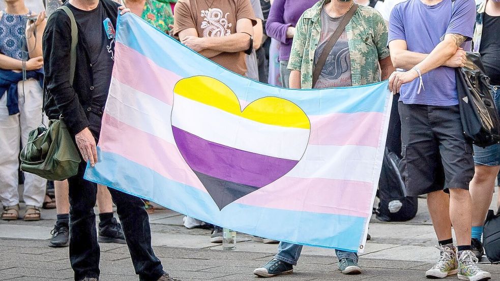 Die Flagge der Nicht-Binären als Herzaufdruck auf der Flagge für Transpersonen. Foto: DPA