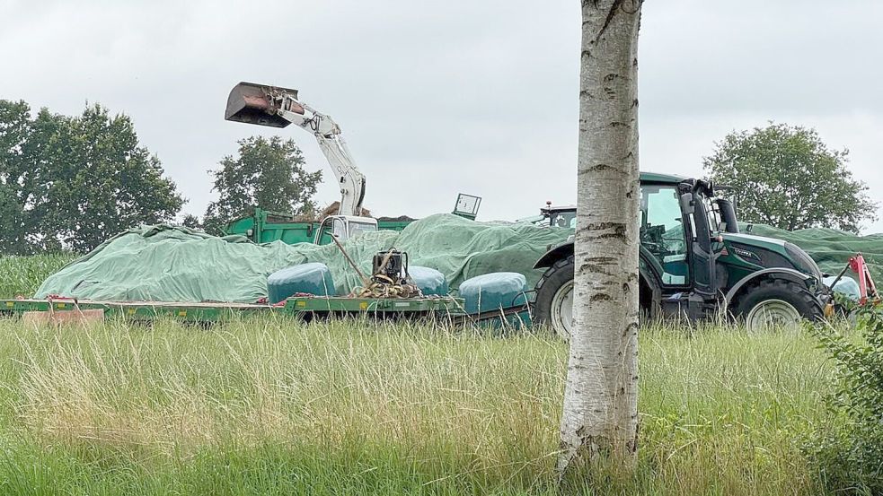 Am 18. Juli entstand dieses Foto: Der Abfallhaufen war nach der ersten Kritik an der Ablagerung zusammengefahren und mit Folie abgedeckt worden. Wenig später wurden Teile des Haufens nach Siegelsum auf ein Privatgrundstück gebracht. Foto: Holger Janssen