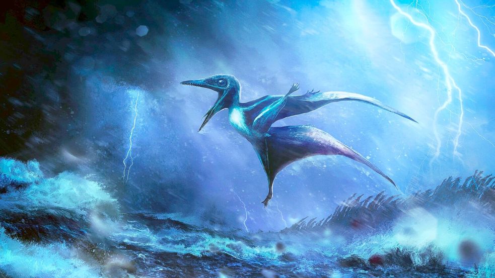 Starke Windböe brechen die zarten Knochen: Künstlerische Darstellung eines kleinen Pterodactylus-Babys in einem Tropengewitter. Foto: Rudolf Hima/EurekAlert/dpa