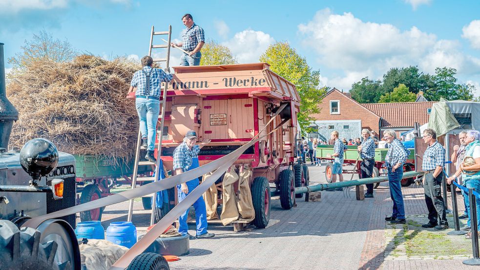 Interessiert verfolgten Besucher, wie mit alten Dreschsätzen auf dem Rechtsupweger Dorfplatz Getreide gedroschen wurde. Foto: Folkert Bents