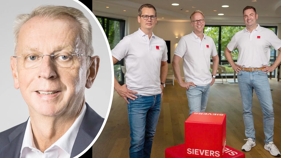 Mitgründer Klaus Gerdes-Röben verlässt die Geschäftsführung der Sievers Group in Osnabrück. Die „neuen“ Nachfolger sind bereits seit vielen Jahren im Unternehmen: Robert Brockbals (von links), Robin Kuhrt und Martin Welling. Foto: Sievers Group / Collage: Bernhard Brockhaus