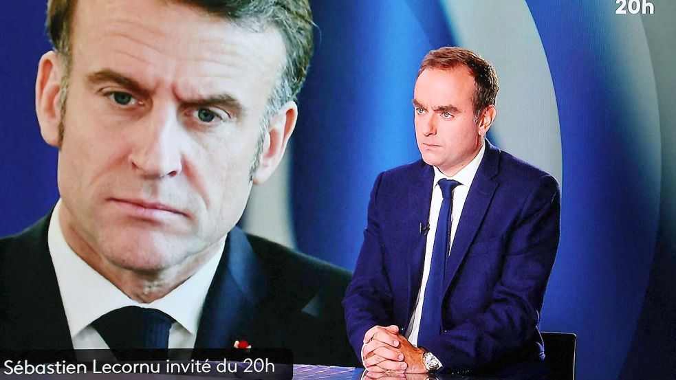 Macrons Vermächtnis steht auf dem Spiel: Premier Sebastien Lecornu (rechts) sprach am Mittwochabend im TV zur Regierungskrise. Foto: AFP/Ludovic Marin
