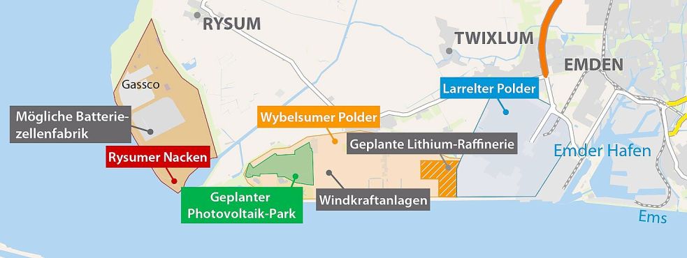 Auf dieser Grafik ist der Sachstand vom Sommer 2024 zu sehen. Die Batteriezellenfabrik soll jedoch nicht mehr gebaut werden und der Bau der Lithium-Raffinerie ist verschoben. Grafik: Kreativgruppe