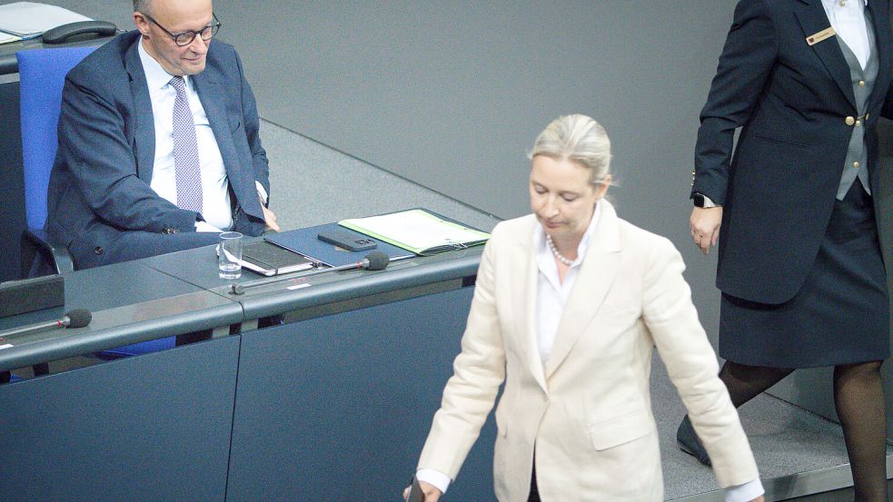 Kanzler Friedrich Merz und AfD-Chefin Alice Weidel im Bundestag: Eine Annäherung der Parteien wird es nicht geben. Foto: IMAGO/Political-Moments