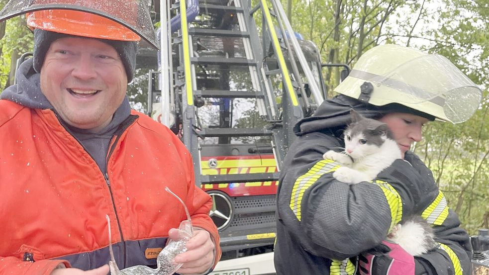 Erschöpft, aber zum Glück unverletzt: Die Feuerwehr rettete Queeny aus einem 16 Meter hohen Baum in Leybuchtpolder. Foto: Feuerwehr Norden/Thomas Weege