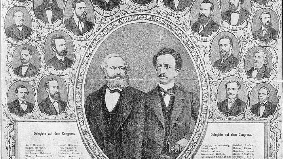 Schmuck-Gedenkblatt zum Vereinigungs-Parteitag der SPD-Vorläuferparteien 1875 in Gotha. Mit der Lupe kann man den Namen des Osnabrücker Delegierten Franz Klute finden. Foto: Archiv SPD Osnabrück.
