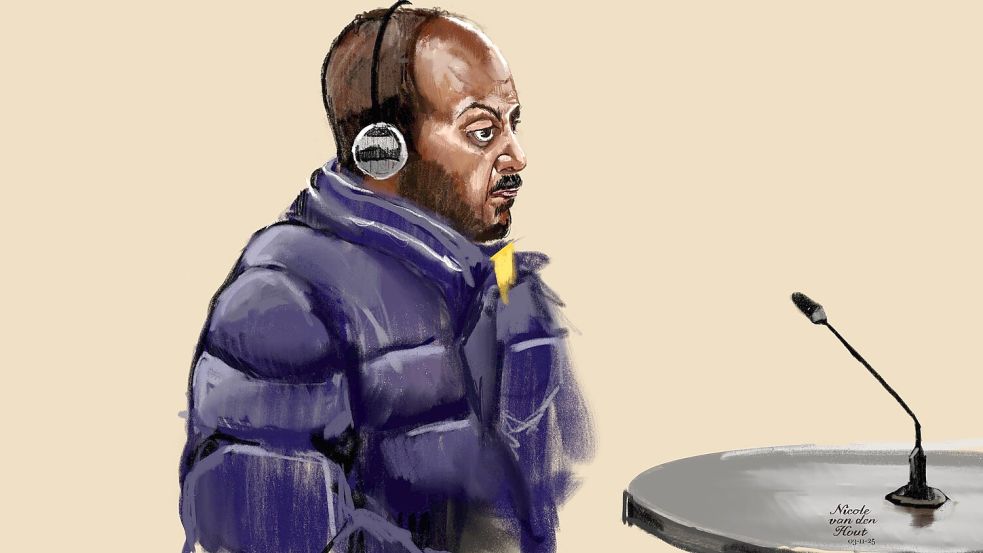 Der Eritreer und mutmaßliche Menschenhändler Amanuel Walid beziehungsweise Tewelde Goitom wurde beim Gerichtsauftakt gezeichnet. Foto: IMAGO/ANP