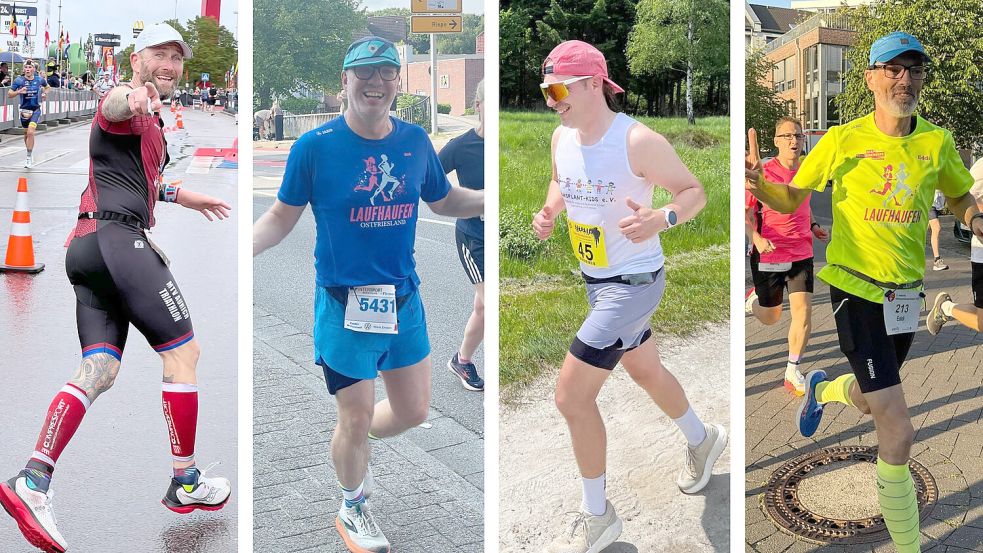 Clemens Köster, Dirk Hellmers. Ingo Hellmers und Eddi Schoonhofen haben sich über Spendenläufe unterhalten. Fotos: MTV Aurich/Privat/Hellmers