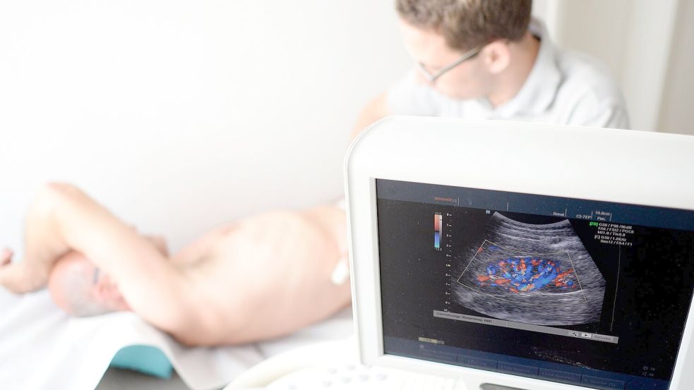 Ein Mediziner untersucht die Niere eines Patienten mit einem Ultraschallgerät Foto: Maurizio Gambarini