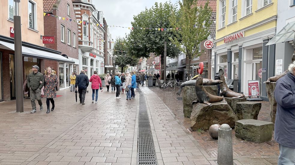 Auch bei dem Regenwetter zog es noch Gäste in die Auricher Innenstadt, so wie hier während des Heidemarktes. Foto: Eva van Loh