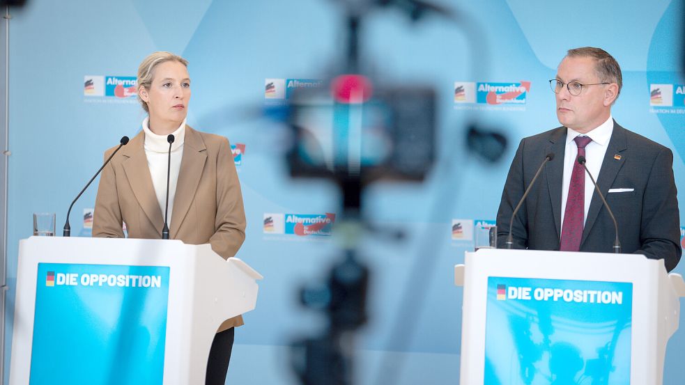 AfD-Vorsitzende Alice Weidel und Tino Chrupalla: Tiefe Gräben bei der Haltung zu Russland. Foto: IMAGO/Political-Moments