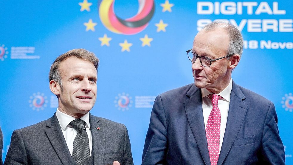 „Buy european“: Macron und Merz wollen sich dafür einsetzen, dass in der Beschaffung von Technologie mehr auf europäische Produkte gesetzt wird. Foto: Kay Nietfeld/dpa