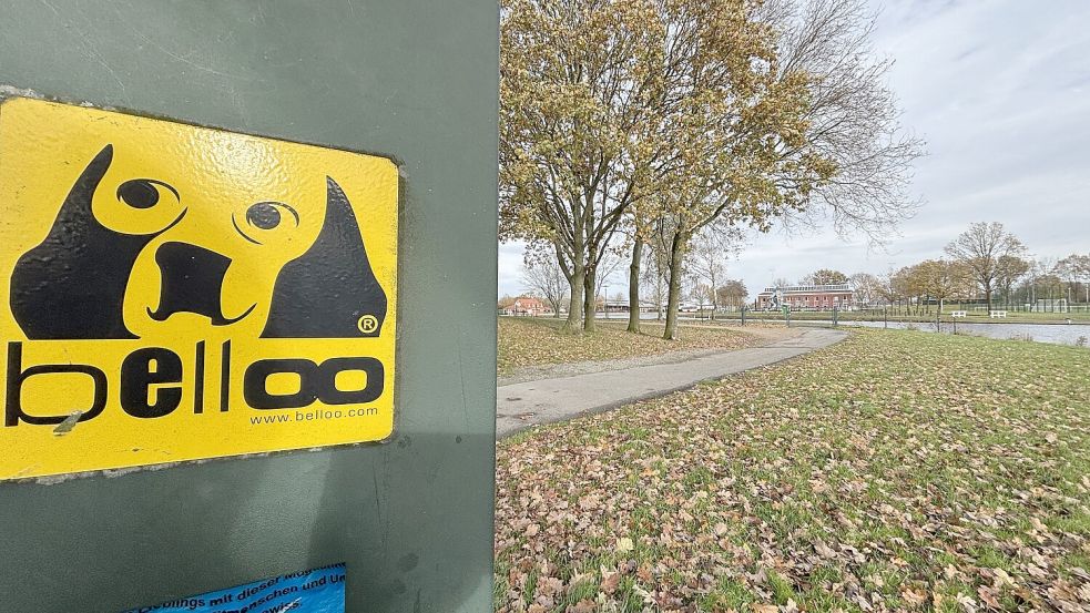 Blick auf den Hundestrand am Ihler Meer. Im Vordergrund steht ein Spender für Hundekotbeutel. Beides ein Service für die Gassigeher. Foto: Christin Wetzel