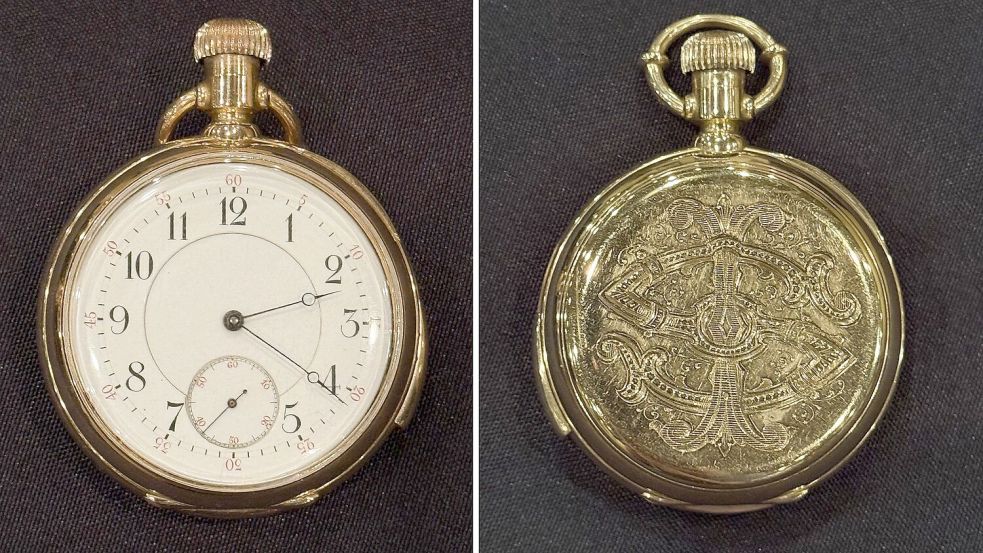 Eine goldene Titanic-Taschenuhr wurde für den Rekordpreis von mehr als 2 Millionen Euro versteigert. (Handout) Foto: -