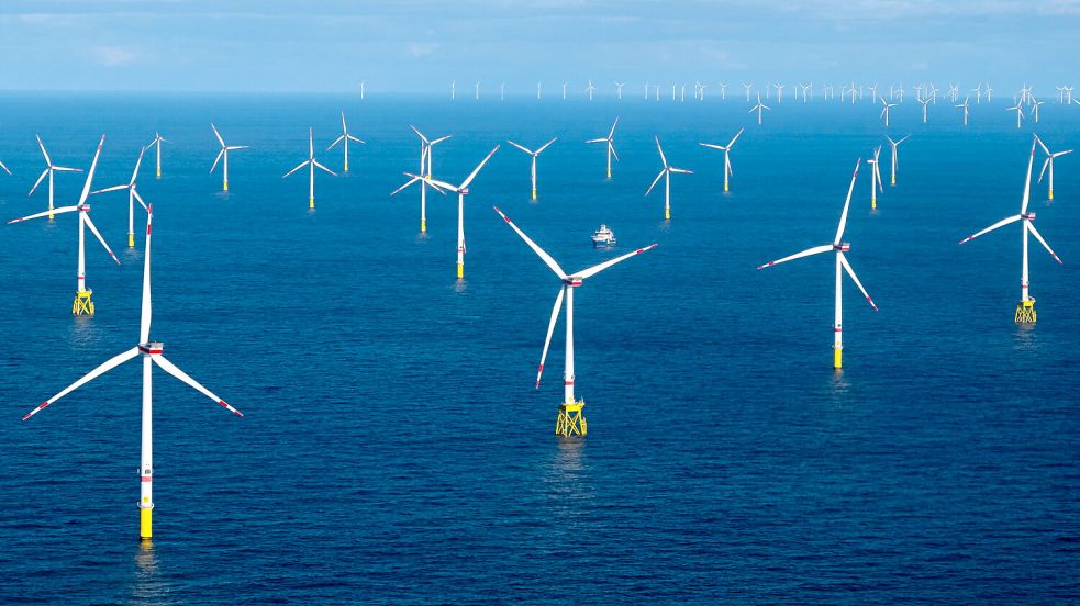 Vor den ostfriesischen Inseln stehen hunderte Offshore-Windräder in der Nordsee. Foto: DPA
