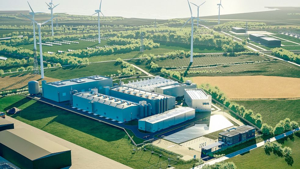 So soll es einmal aussehen: Visualisierung der technischen Anlagen von EWE in Emden. Dort wird ab 2027 grüner Wasserstoff im industriellen Maßstab erzeugt. Foto: EWE