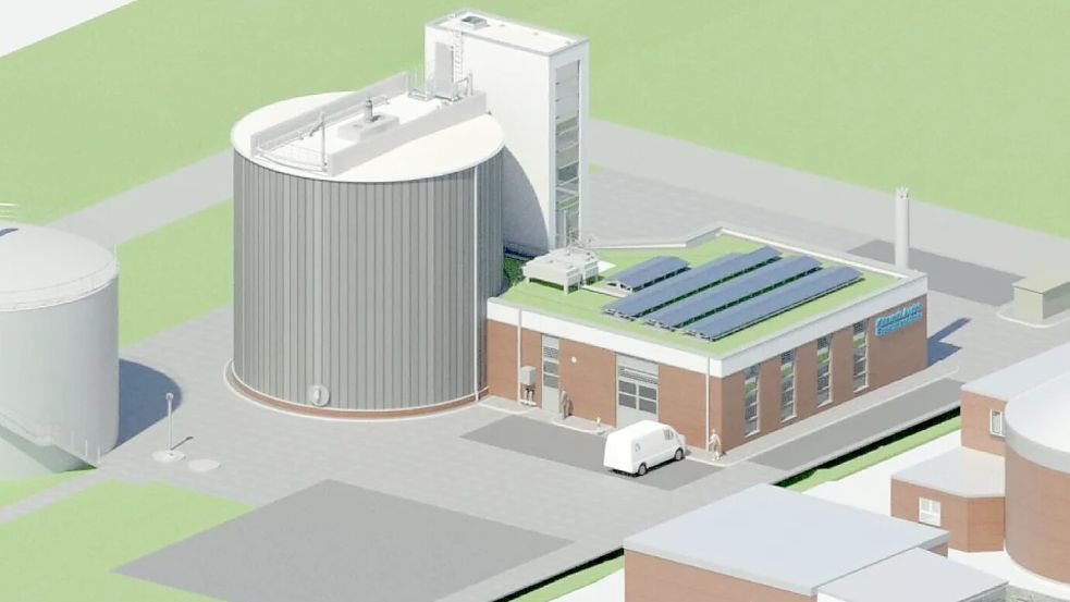 Das Klärwerk Haxtum wird seit Jahren modernisiert. Auf der Bauzeichnung ist zu sehen, wie das neue Gebäudeensemble auf dem Klärwerksgelände aussehen soll. Illustration: Born und Ermel/Stadt Aurich