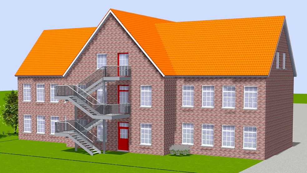 So soll sie aussehen, die neue Fluchttreppe, die an dieses Schulgebäude in Moordorf angebaut wird.Grafik: Landkreis Aurich