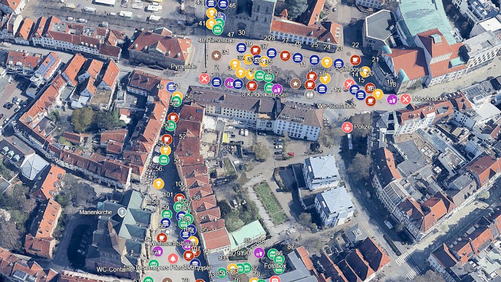 108 Stände sind auf dem Weihnachtsmarkt Osnabrück vertreten — und auf unserer Karte verzeichnet. Foto: GeoBasis-DE/BKG Screenshot: NOZ-Redaktion
