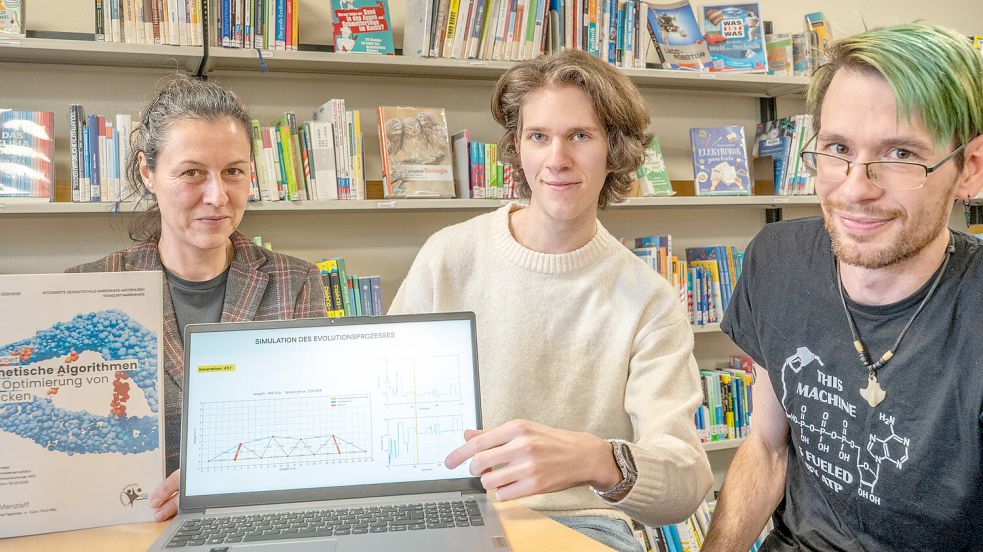 IGS-Oberstufenleiterin Preslava von Allwörden und ihr Kollege Kai Passchier (rechts) sind stolz auf ihren Schüler Paul Menzlaff und dessen ausgezeichnete Facharbeit. Foto: Folkert Bents