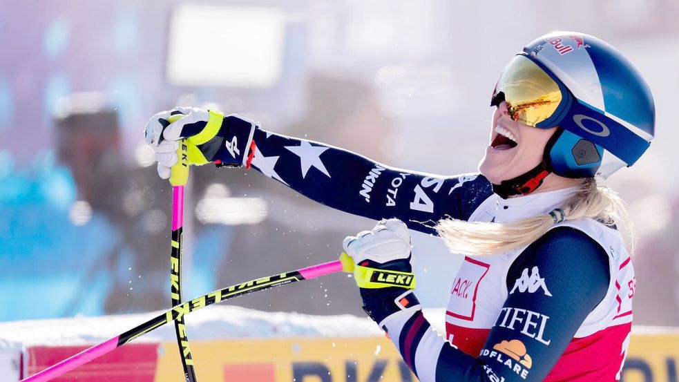 Erleichterung pur: Lindsey Vonn bejubelt ihren insgesamt 83. Weltcup-Sieg. Foto: Claudio Thoma