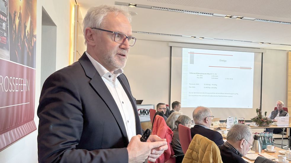 Der Leiter der Abfallwirtschaft, Hans-Hermann Dörnath, erläuterte den Kreispolitikern in Großefehn die Gebührenberechnung für 2026. Foto: Aiko Recke