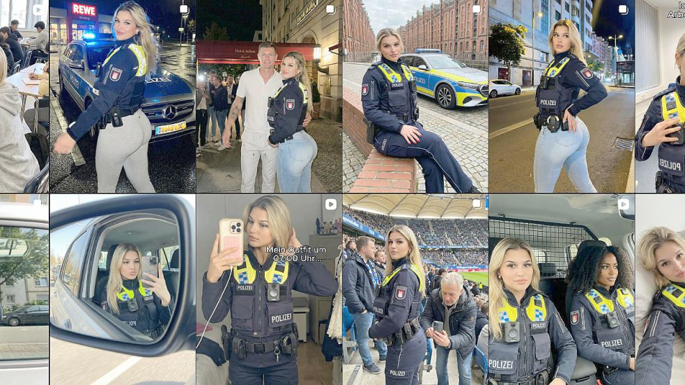 Von Künstlicher Intelligenz generiert: Die falsche Hamburger Streifenpolizistin, die auch mal mit Leggings und Jeans zum Dienst kommt. Foto: Eckard Gehm