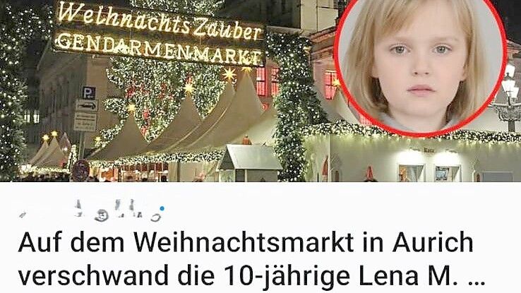 Eine Falschnachricht, die sich rasend schnell auf Facebook verbreitete: Angeblich wurde „Lena M.“ in verschiedenen Städten vermisst. Hier sollte sie in Aurich verschwunden sein. (Adresse zur Internetseite von uns unkenntlich gemacht.) Screenshot: privat