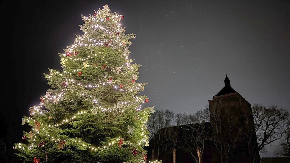 Auf dem Dorfplatz in Osteel strahlt der Weihnachtsbaum. Im Hintergrund liegt im Dunkeln die unbeleuchtete Warnfriedkirche. Foto: Thomas Dirks